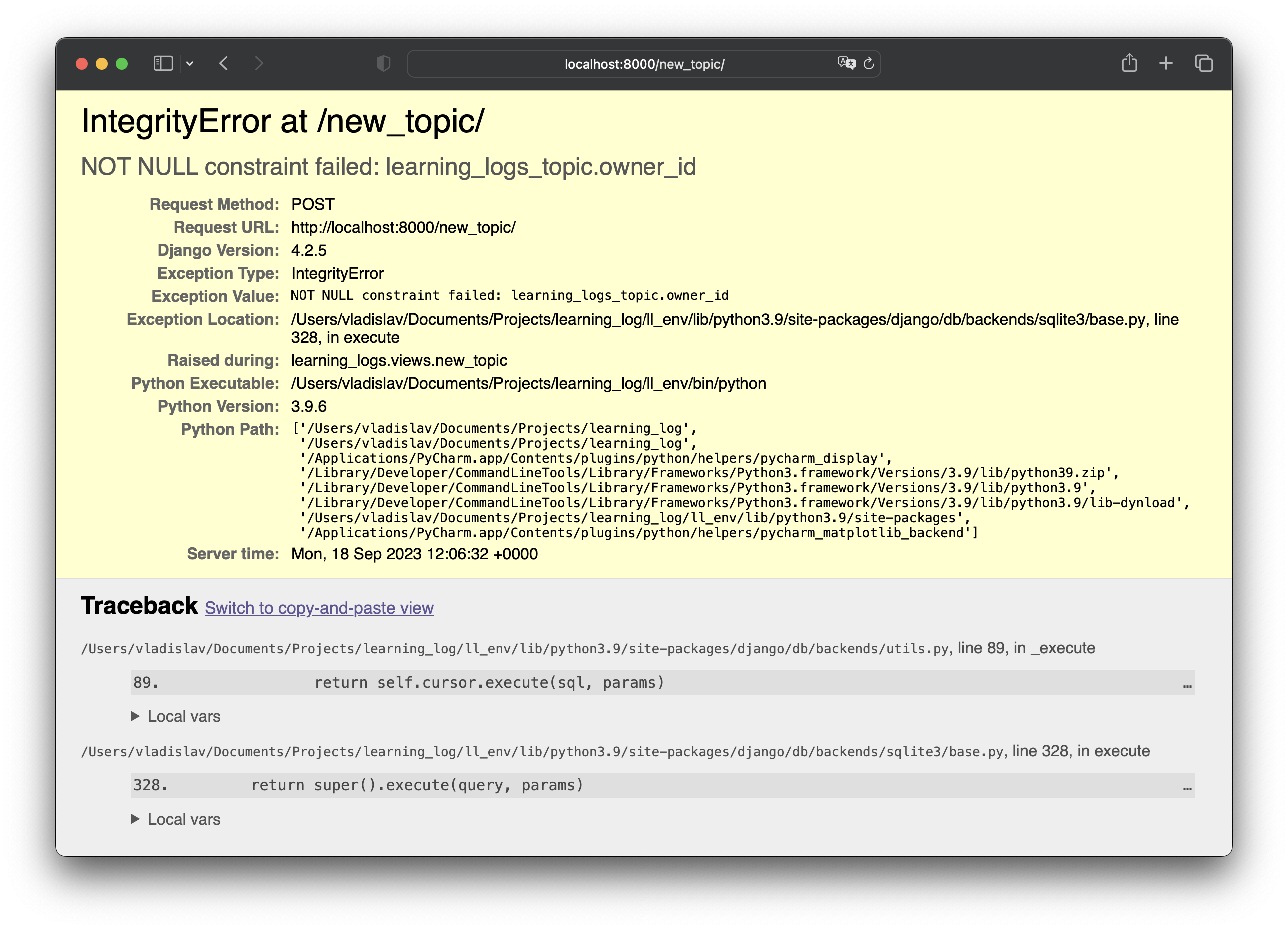 IntegrityError at /new_topic/
