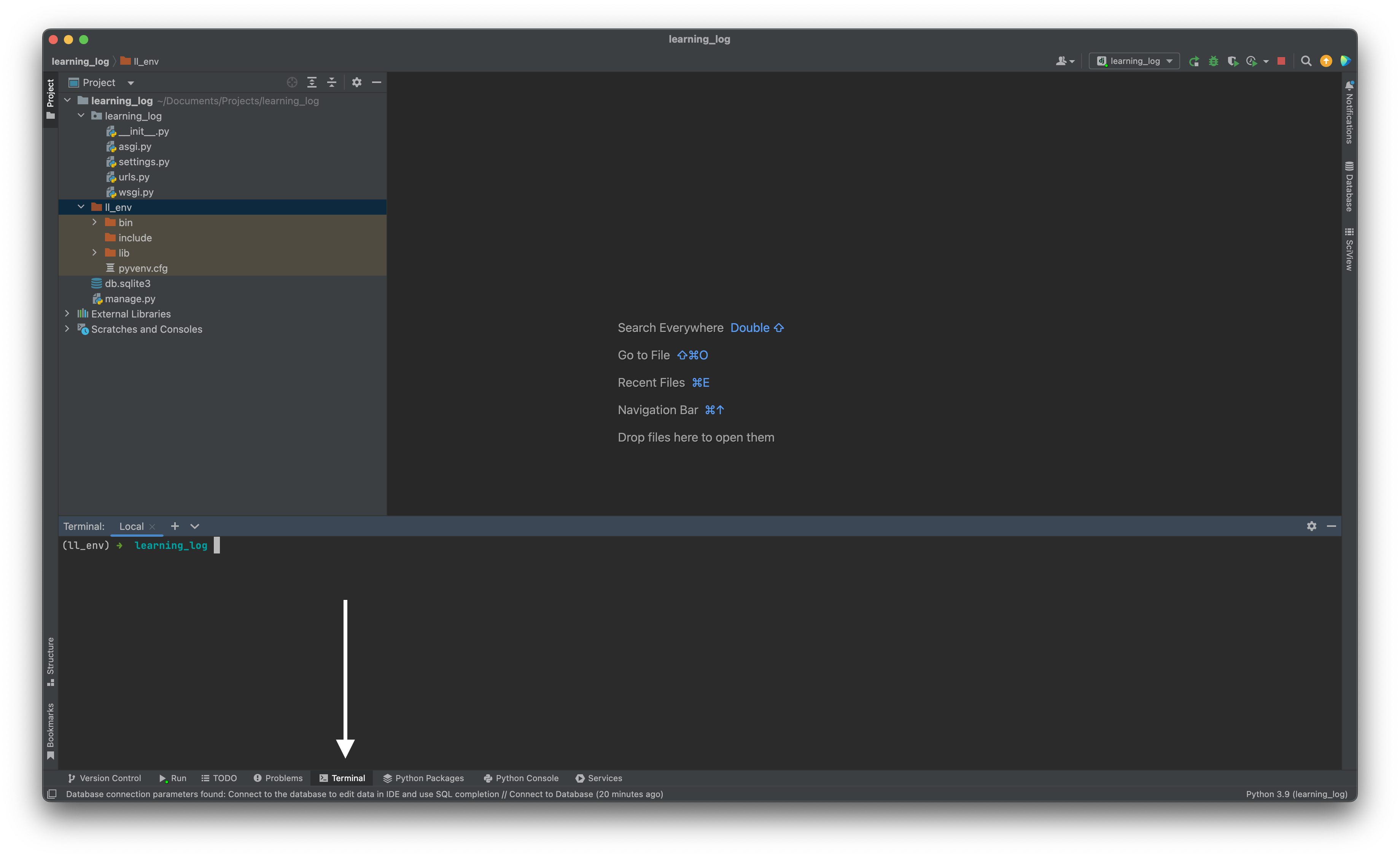 Переключение на вкладку Terminal